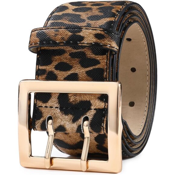 Women Leather Wide Fashion Thick Dress Belt With Gold Buckle Belt Leopard Gold - Picture 2 of 7